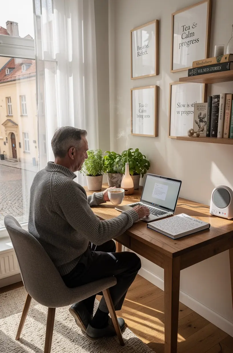 Kvapnios žolelių arbatos puodelis ant palangės su ryto saulės spinduliais.