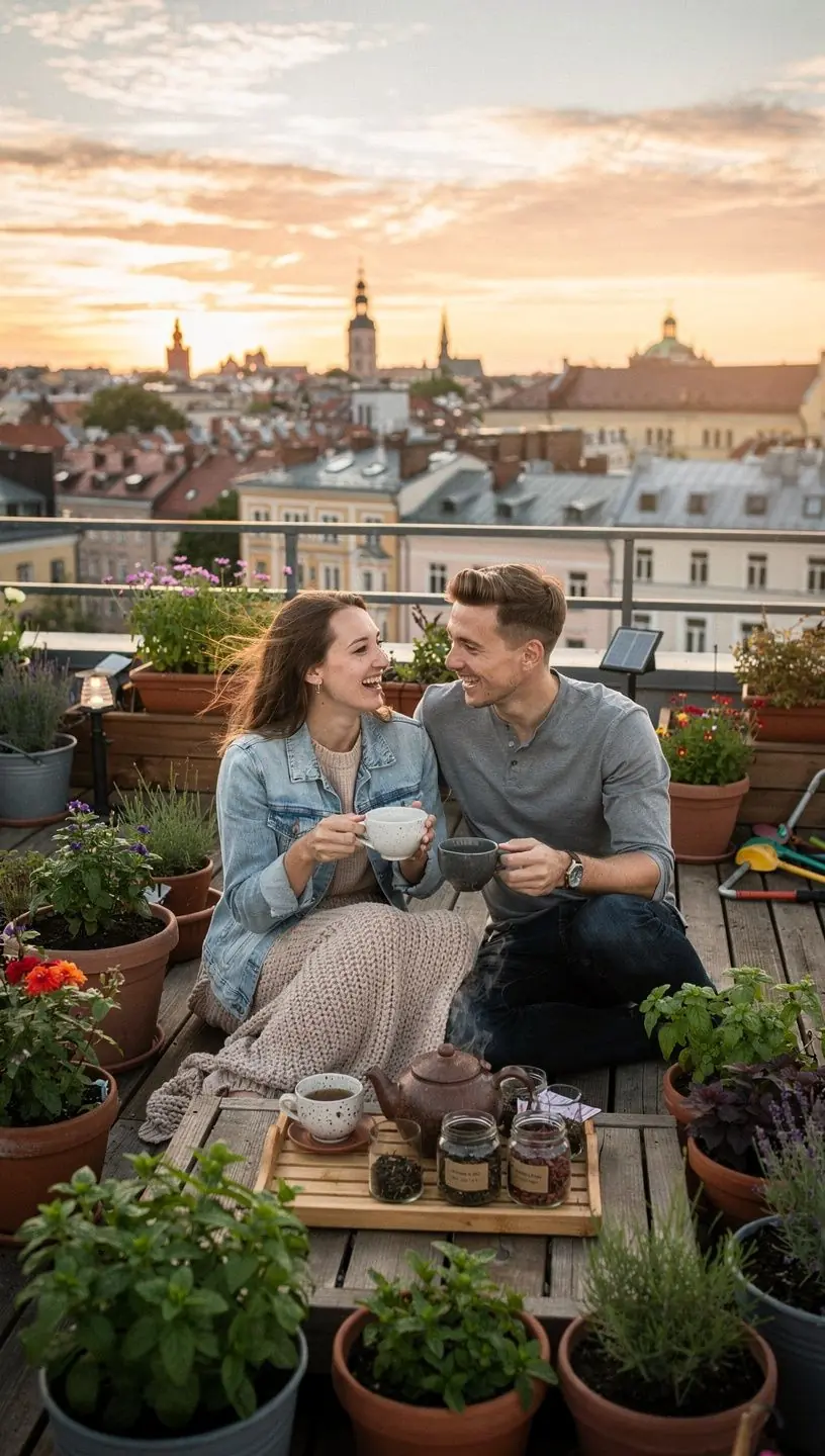 Minimalistinis stalas su arbatos komplektu ir planuotoju ramiai dienos rutinai.