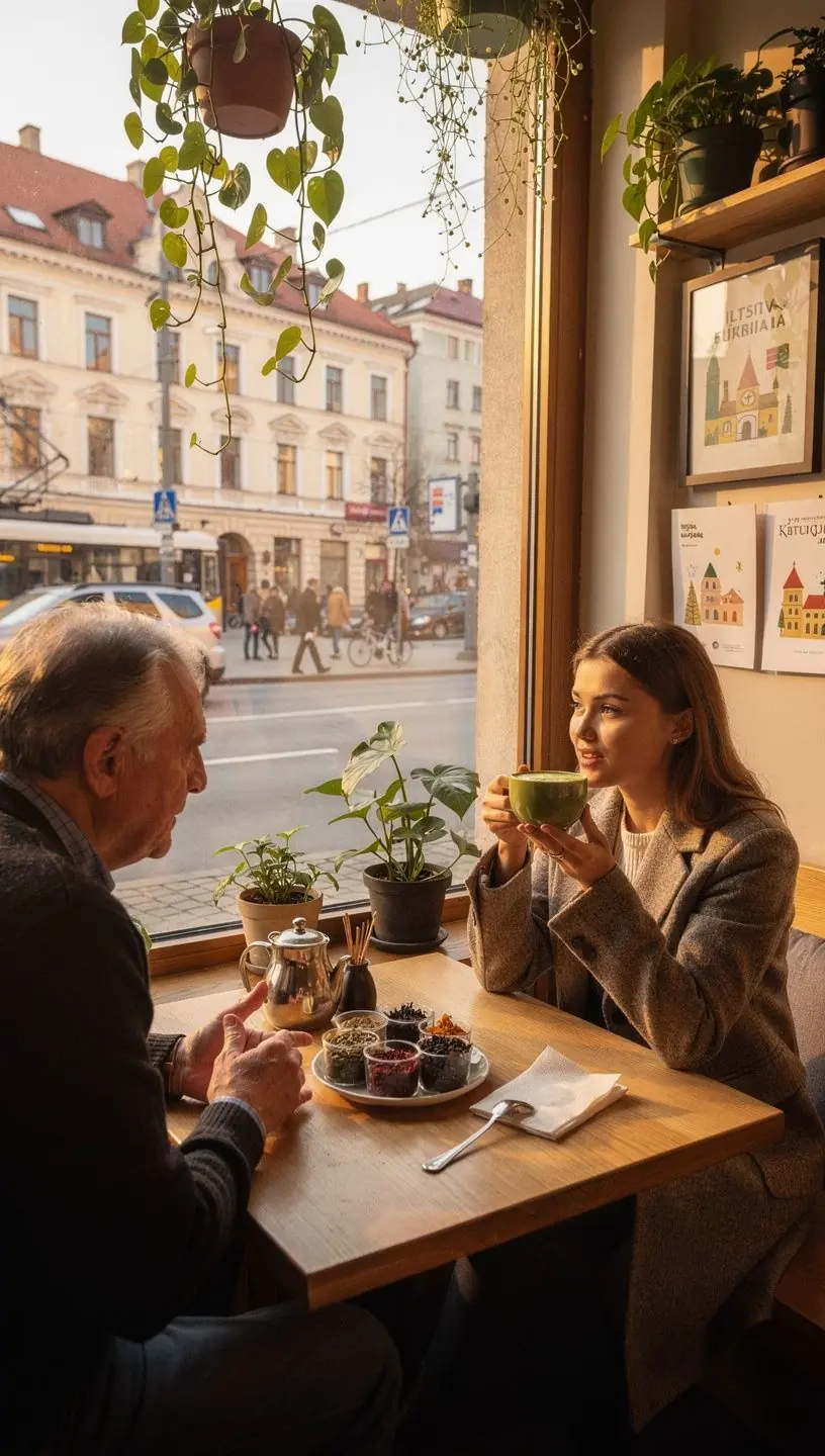 Rankos rašo pastabas prie arbatos puodelio šalia jaukaus namų kampelio.