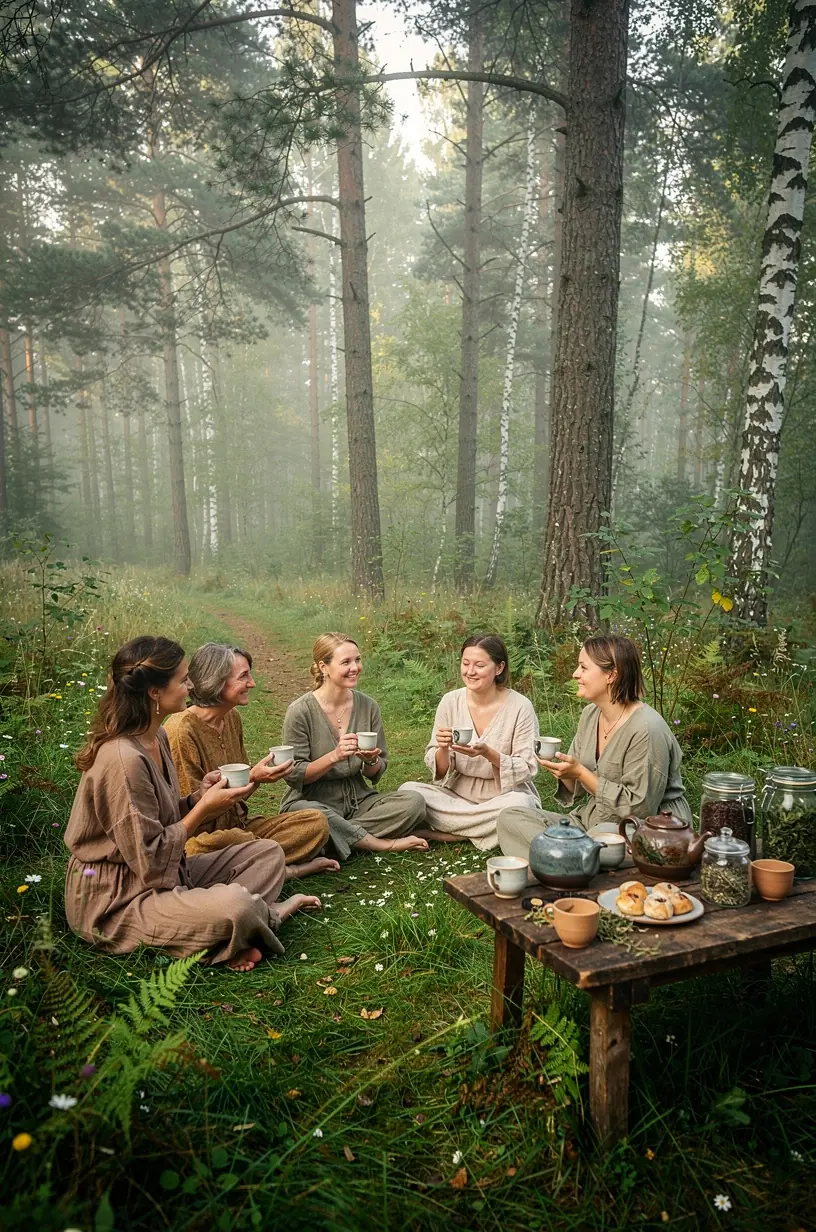 Šilta arbatos puodelio kompozicija ant medinio stalo ramioje aplinkoje.