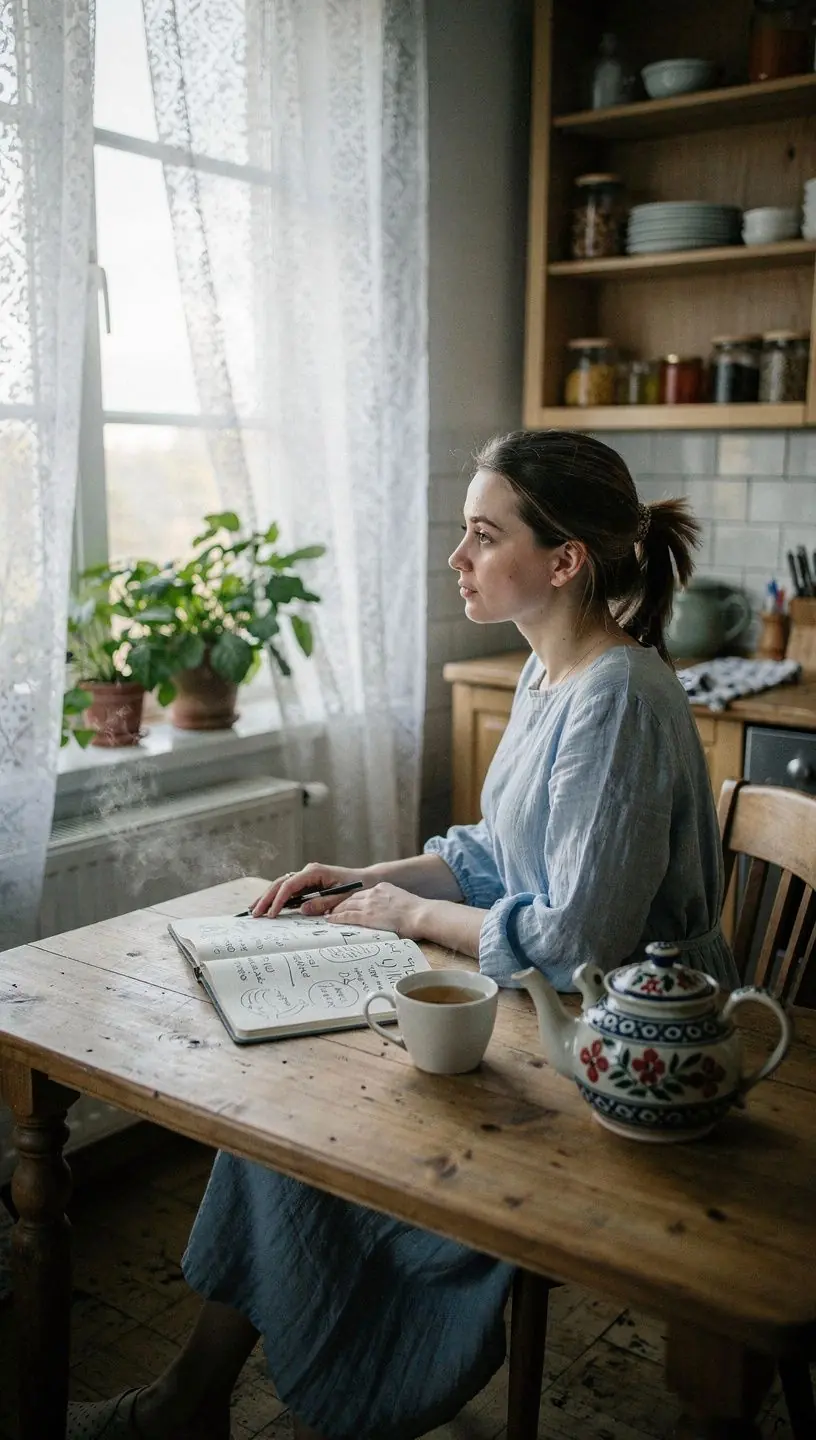 Atpalaiduojanti arbatos ruošimo scena su natūraliais ingredientais ir užrašų knygele.